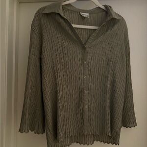 NICOLA Olive-Green Pleated Button-Down Blouse